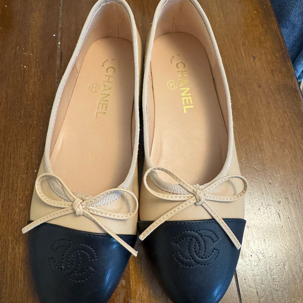 Beige and Black Bow Flats